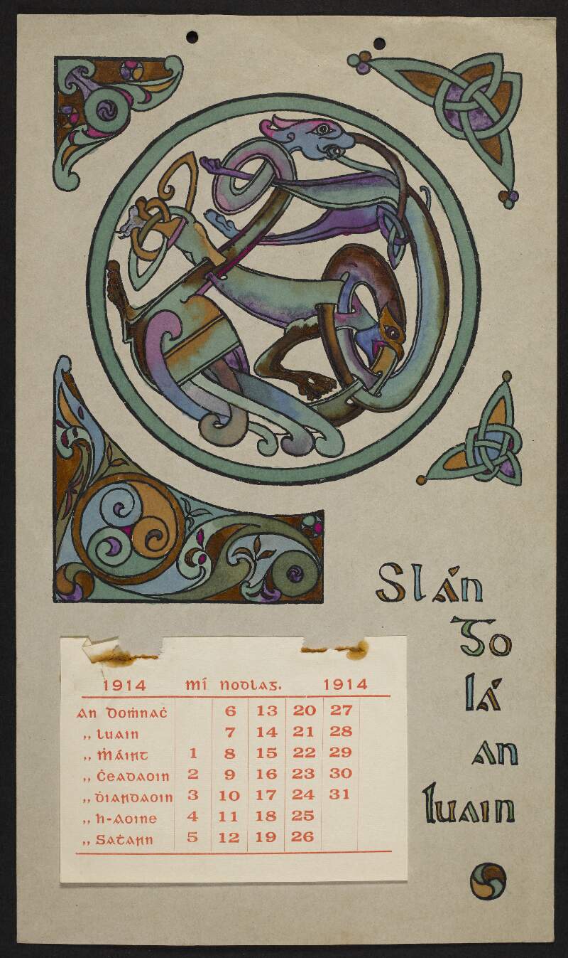 Calendar for 1914 in Irish and mounted on card with hand-drawn Celtic designs,