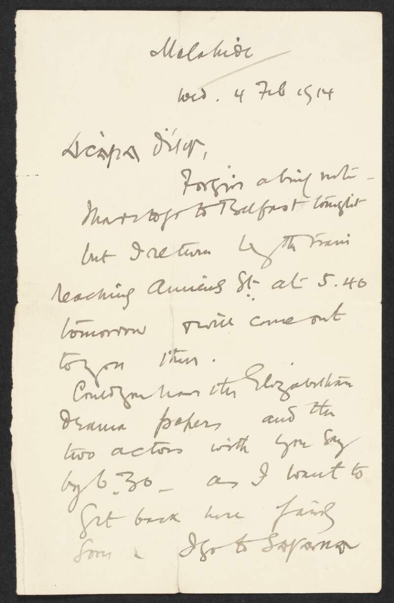Letter from Roger Casement to Bulmer Hobson about his travel plans,