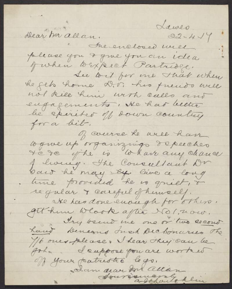 Letter from Rev A. O'Loughlin to Frederick J. Allan regarding William Partridge's expected arrival after his release from prison,