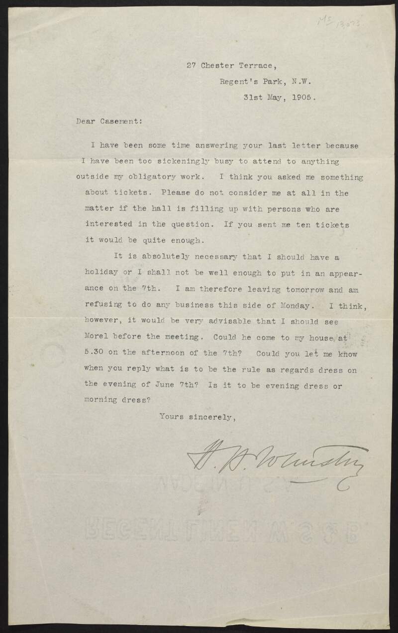 Letter from Sir Harry Hamilton Johnston to Roger Casement, discussing tickets for the public meeting and how he should meet with Morel prior to the meeting,