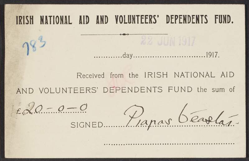 Postcard/receipt from Piaras Béaslaí to the INAAVD acknowledging receipt of assistance,