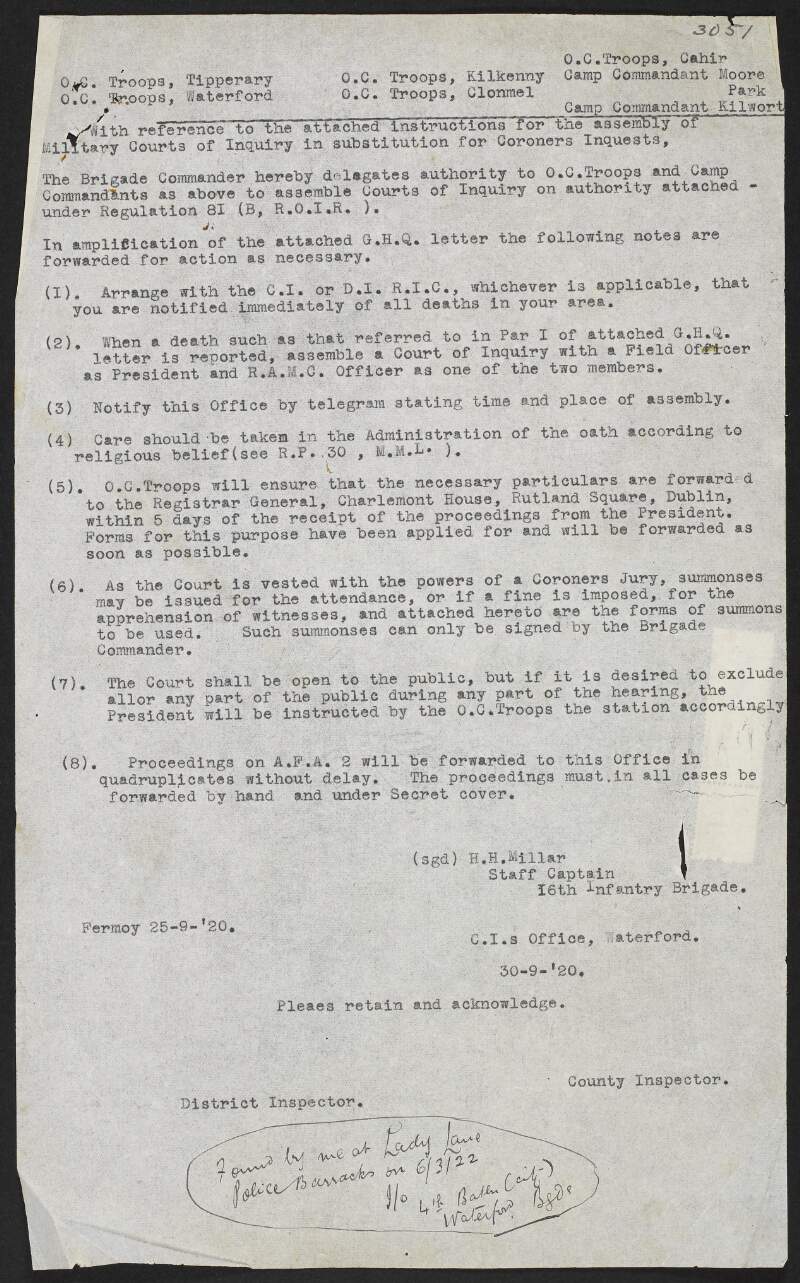 Memorandum from the British army regarding assembly of military courts of inquiry, 30 September 1920,