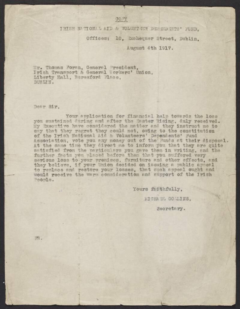 Copy letter from Michael Collins, INAAVD, to Thomas Foran, General President, ITGWU, regarding a compensation claim for damage caused during the Easter Rising,
