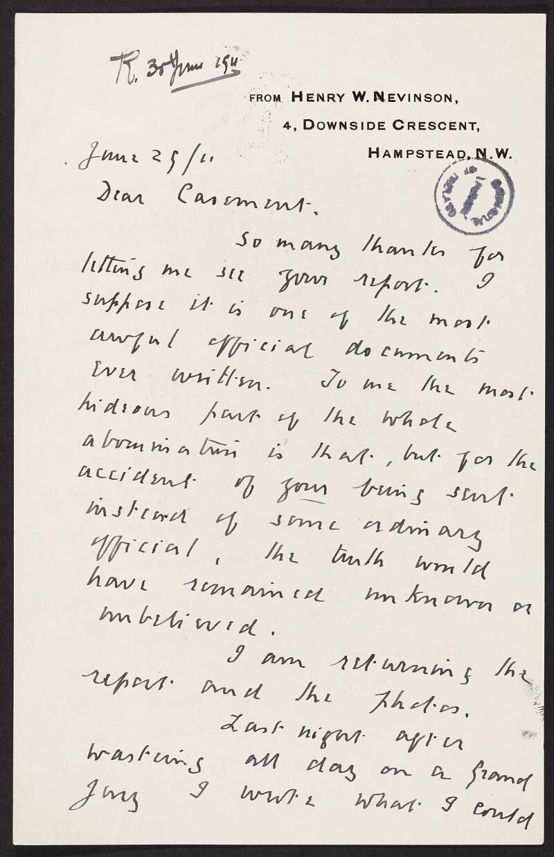 Letter from Henry Woodd Nevinson to Roger Casement regarding Casement's report [on the Putumayo atrocities], and an article he is writing for 'The Nation',