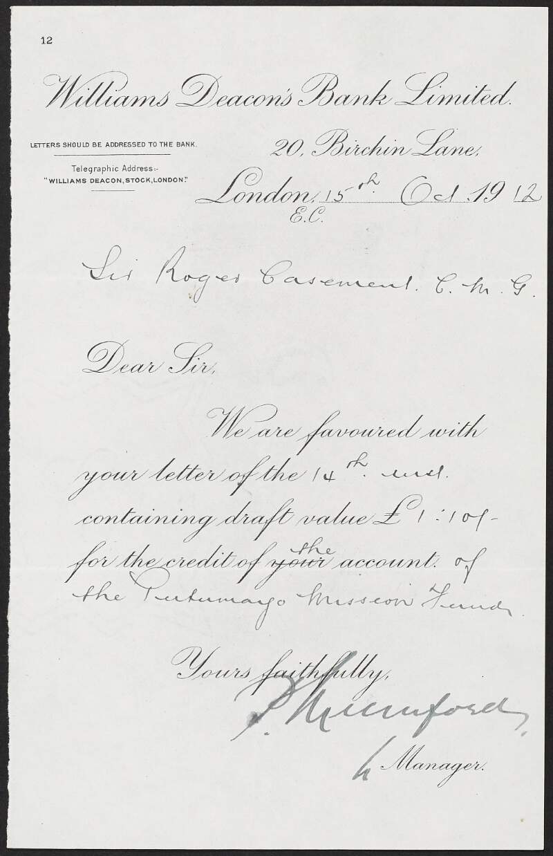 Receipt from William Deacon's Bank to Roger Casement acknowledging receipt of his letter containing a draft to the value of £1-10-0 to be credited to the account of the Putumayo Mission Fund,