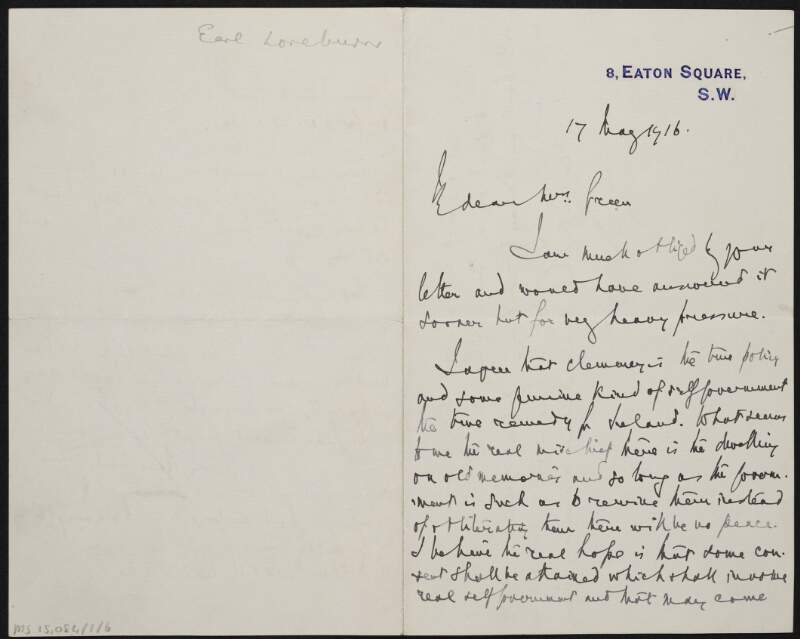Letter from Robert Reid to Alice Stopford Green regarding the 1916 Easter Rising,