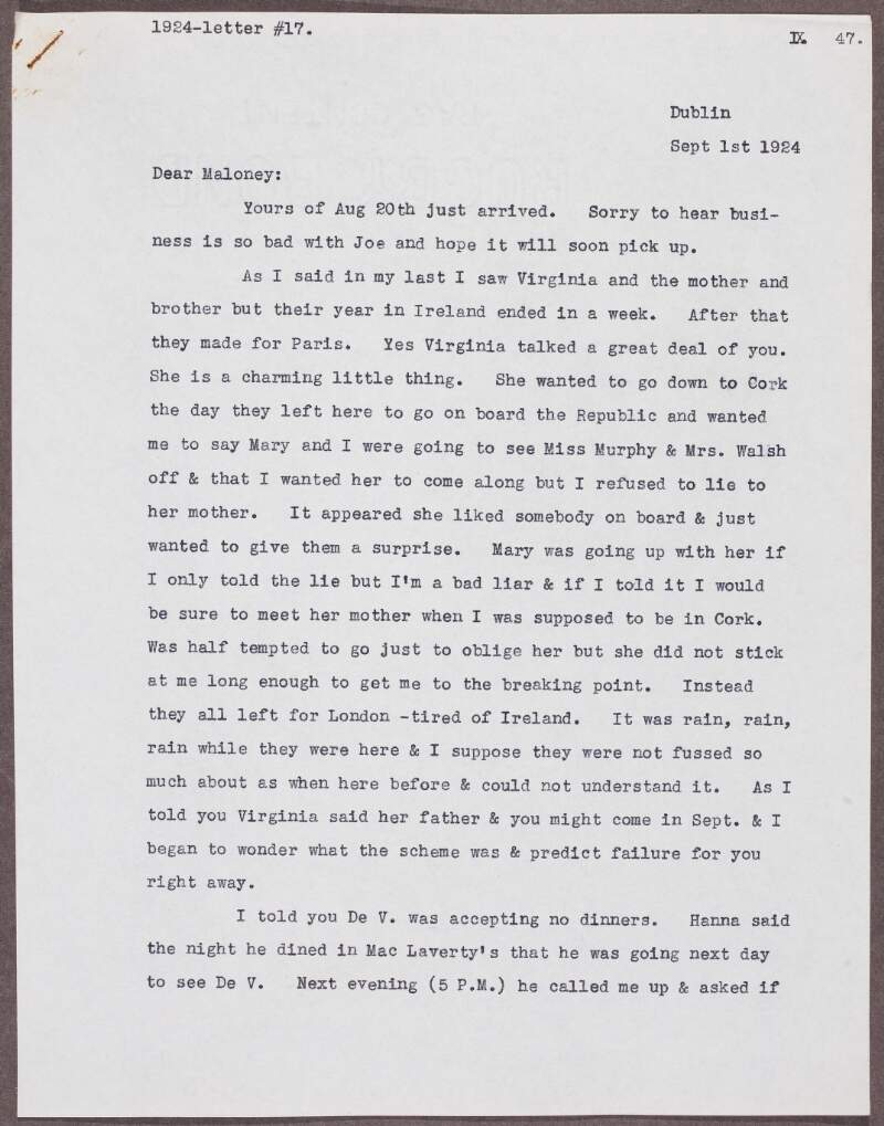 Letter from Patrick McCartan to William J. Maloney, regarding a meeting between Archbishop Hanna and De Valera, Devoy's views on the Boundary problem, and his niece Mary's visit,