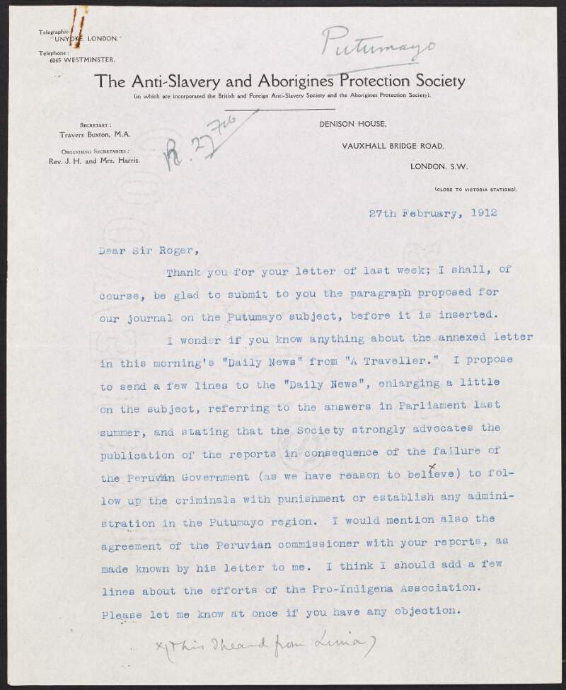 Letter from Travers Buxton of the Anti-Slavery and Aborigines' Protection Society to Roger Casement regarding a letter published in the 'Daily News' from "A Traveller" concerning the Putumayo and the particulars of the reply Buxton would like to send,