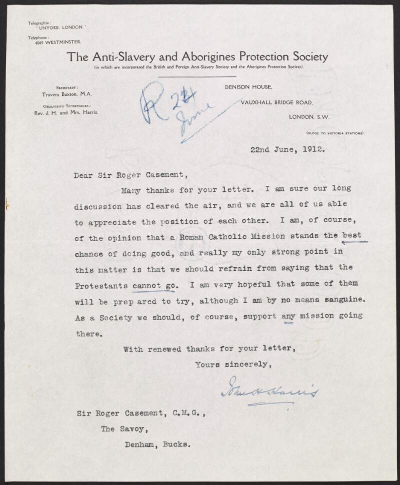 Letter from John H. Harris of the Anti-Slavery and Aborigines' Protection Society to Roger Casement discussing a Roman Catholic Mission travelling to the Putumayo and informing him that as a Society they should support any mission going there,