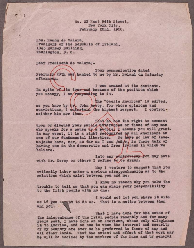 Copy of a section of a letter from unknown to Éamon De Valera, regarding a previous letter from De Valera that criticises a comment in the 'Gaelic American',