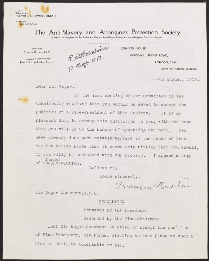 Letter from John H. Harris of the Anti-slavery and Aborigines Protection Society to Roger Casement inviting him to become Vice-President of the Society and including a resolution at the bottom of the letter,