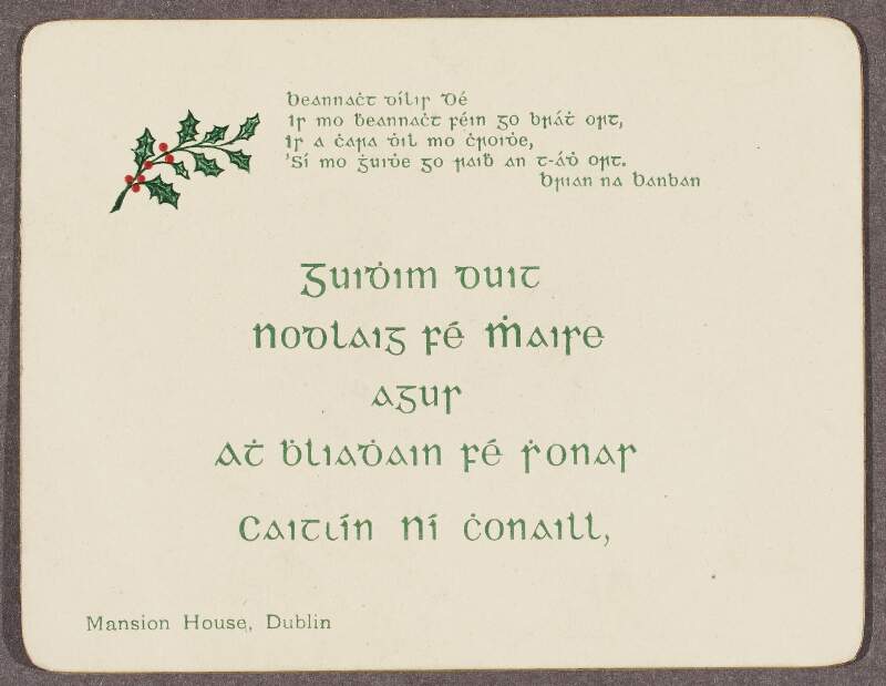 Christmas card from Kathleen O'Connell with a verse by Brian na Banban printed on it,