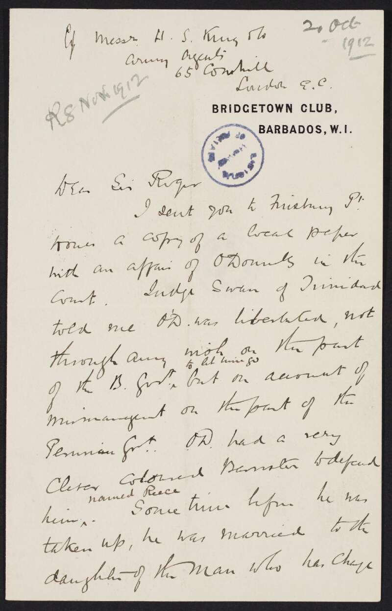 Letter from R.J. Kennedy to Roger Casement informing him of Andres O'Donnell's discharge from court due to the mismanagement of the Peruvian Government and also that O'Donnell told "Father McCormack" that Casement wrote to him "exculpating him from any share in the atrocities",