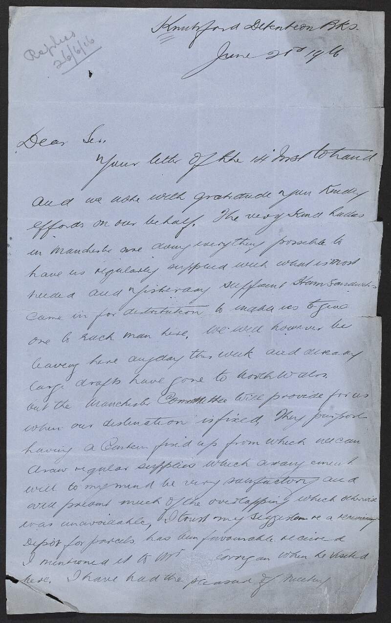 Letter from Michael William O'Reilly, prisoner, Knutsford Prison, to Frederick J. Allan regarding organising supplies for prisoners,