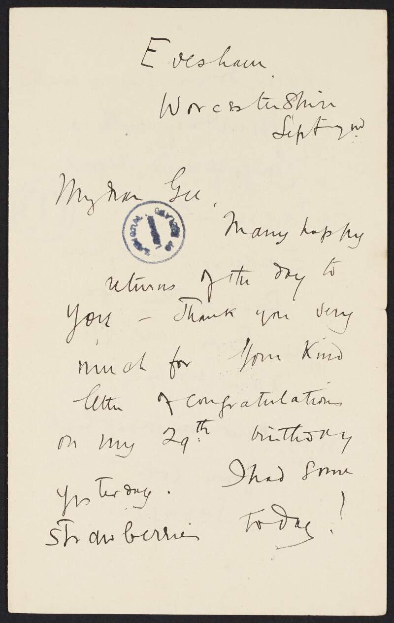 Letter from Roger Casement to Gertrude Bannister thanking her for her letter of congratulations on his 29th birthday and informing her he is visiting Alfred Parminter,