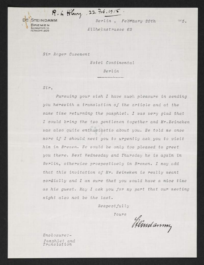 Letter from Dr. Steindamm to Roger Casement regarding the translation of pamphlets,