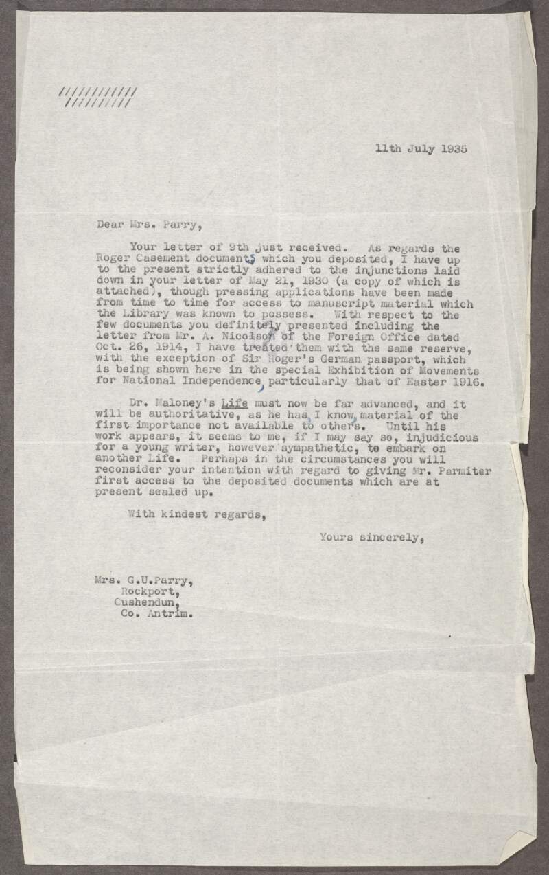 Letter from Richard Irvine Best to Gertrude Bannister [Parrry] regarding having not allowed access to Roger Casement's papers under the request of Bannister, and advising she reconsider providing Geoffrey Parminter with first access to Casement's papers over Dr. William Joseph Maloney,