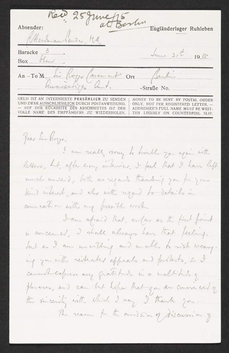 Letter from Robert Herdman Pender to Roger Casement regarding their recent meeting and the type of services that he could provide to Casement on his release,