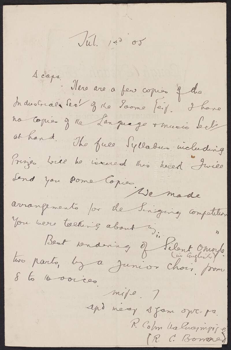 Circular of the industrial section of the "Lough Neagh Feis" with a letter from R. C. Bonner to Roger Casement written on verso informing him of further circulars and a singing competition,