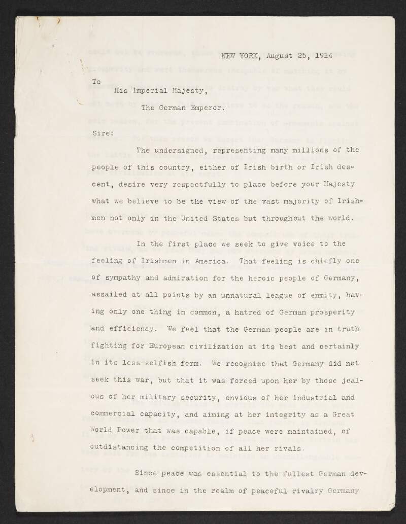 A letter to the German Kaiser Wilhelm II regarding the necessity of separating Ireland from Britain in order to ensure the freedom of all European nations on the seas,
