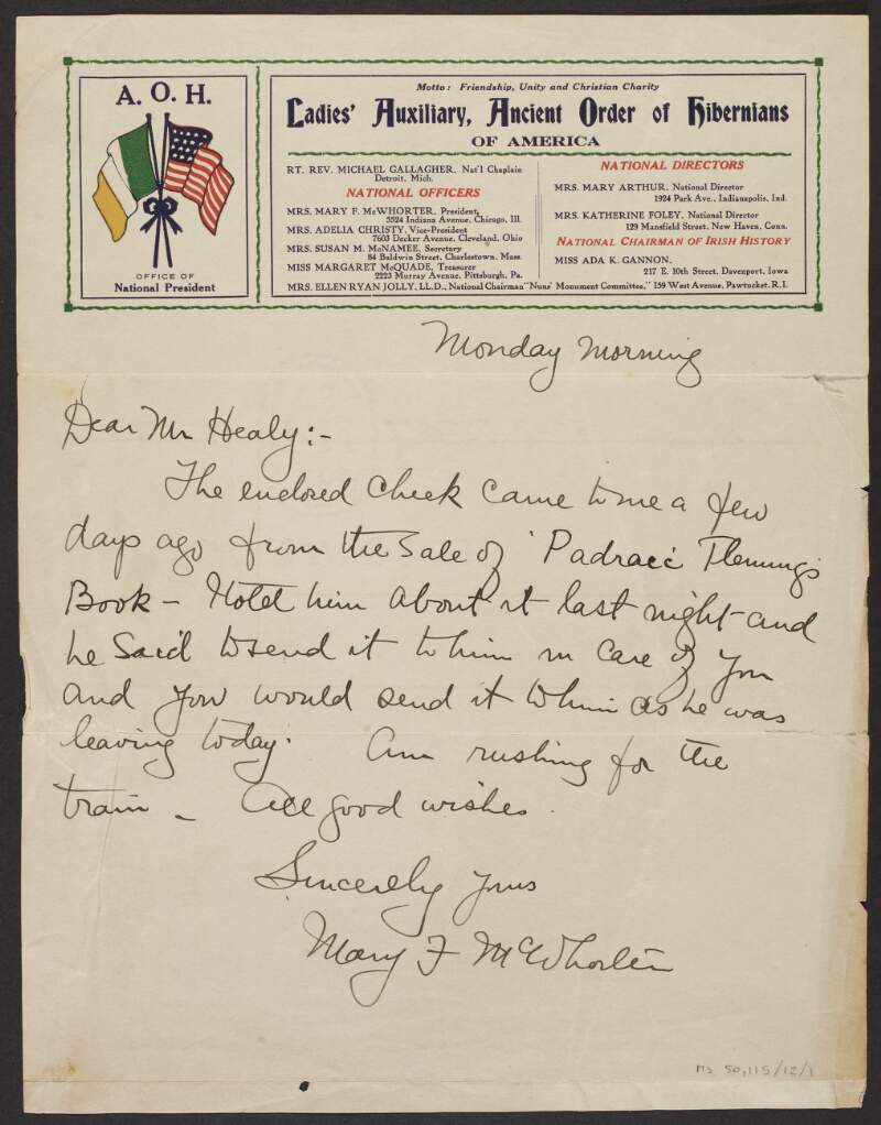 Letter from Mary F. McWhorter to "Mr. Healy" regarding cheque for Padraic Fleming from the sale of his book,