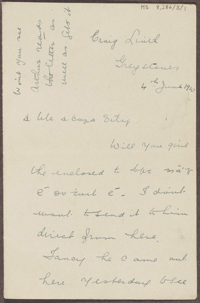 Letter from Sinéad De Valera to Lily Williams regarding Arthur Griffith,