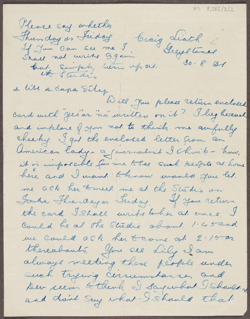 Letter from Sinéad De Valera to Lily Williams asking her if she, De Valera, can be interviewed at Williams' studio by an American journalist,