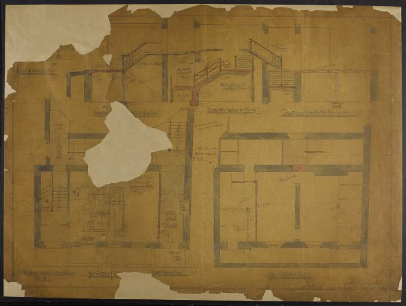 [Architectural drawings of the Abbey Theatre featuring longtitudinal sections, basement plan and drawing of section to the staircase]