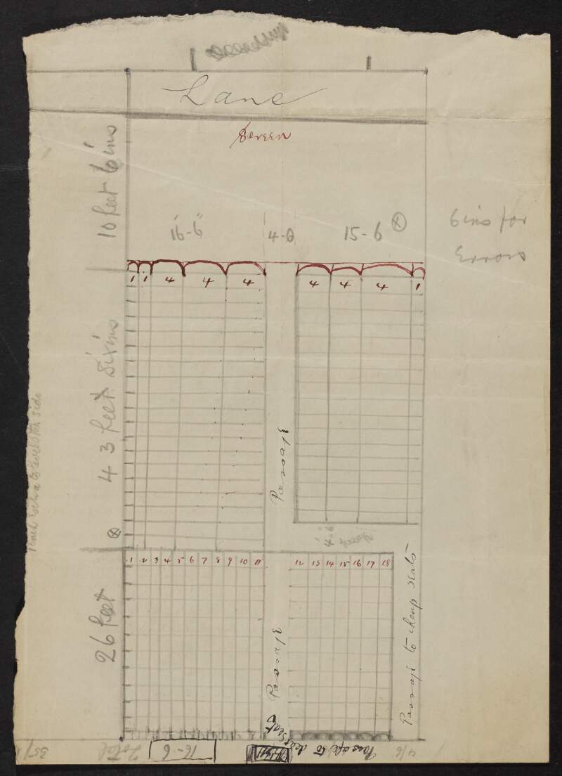 [Architectural drawing featuring measurements of the passages between seating areas within the proposed structure of the Abbey Theatre]