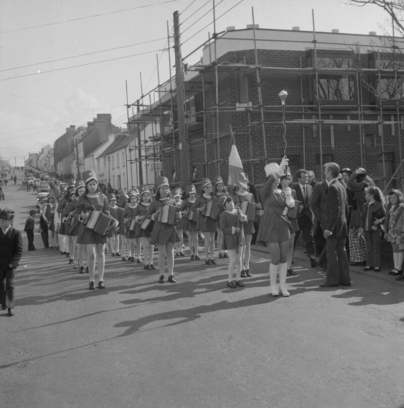[Band marching and playing musical instruments at the Easter Parade in Dungloe, Co. Donegal]