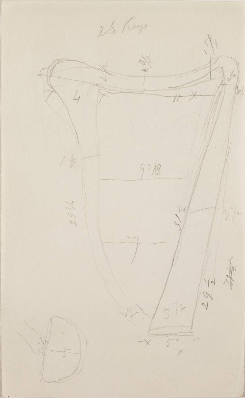 [Rough sketches of an Irish harp with measurements]