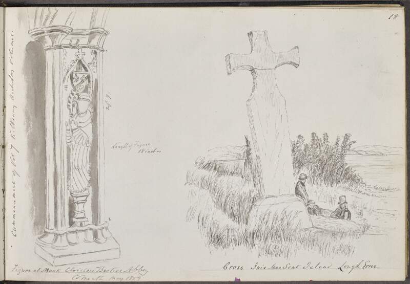 Figure of monk, cloisters, Bective Abbey, County Meath, May 1859 ; Cross, Inis MacSent [Inishmacsaint] Island, Lough Erne