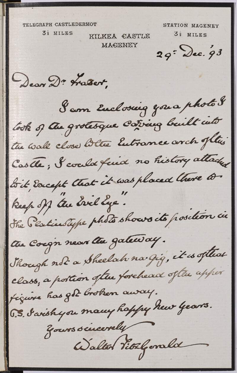 [Letter from Walter FitzGerald to William Frazer, regarding a grotesque carving at Kilkea Castle]