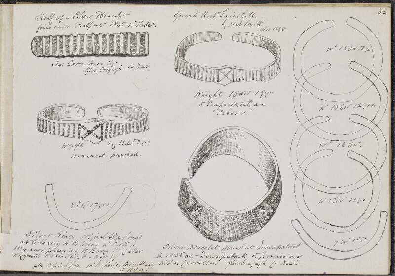 Half of a silver bracelet found near Belfast 1845 ; Ornament punched ; Silver rings original size found at Kilbarry or Killeens in Cork in 1844 ; [Silver bracelet] ; Silver bracelet found at Downpatrick in 1835 ; [Five ring outlines]