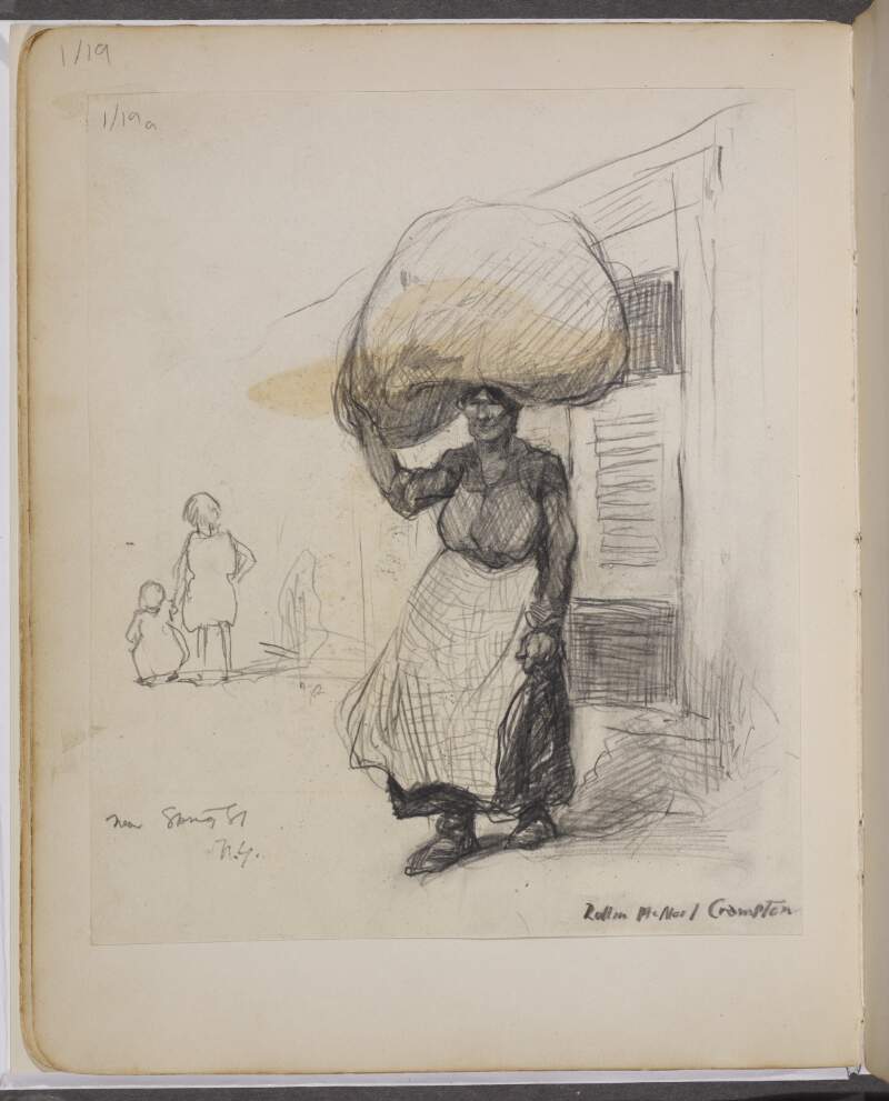 [Sketch of woman holding a weight on her head, with 2 sketched figures in the background]