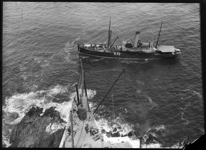 [Aerial view of the S.S 'Irene II' docked at Fastnet Rock, off the coast of Co. Cork]