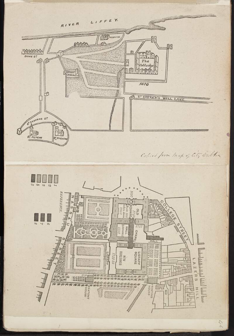 [Maps of Dublin city centre, including Trinity College]