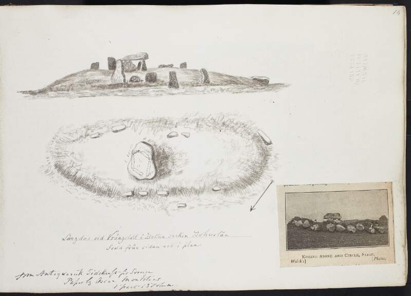 Langdas vid Vrangstad i Bottina socken Bohuslan, seold fran sidan och i plan ; Kissing Stone and Circle, Sligo
