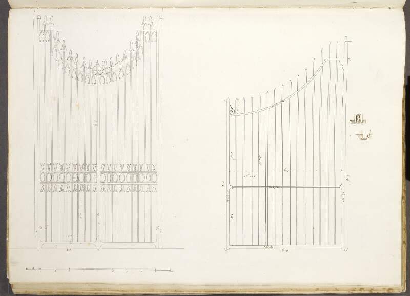 [Elevations of two iron gates with detailed dimensions]