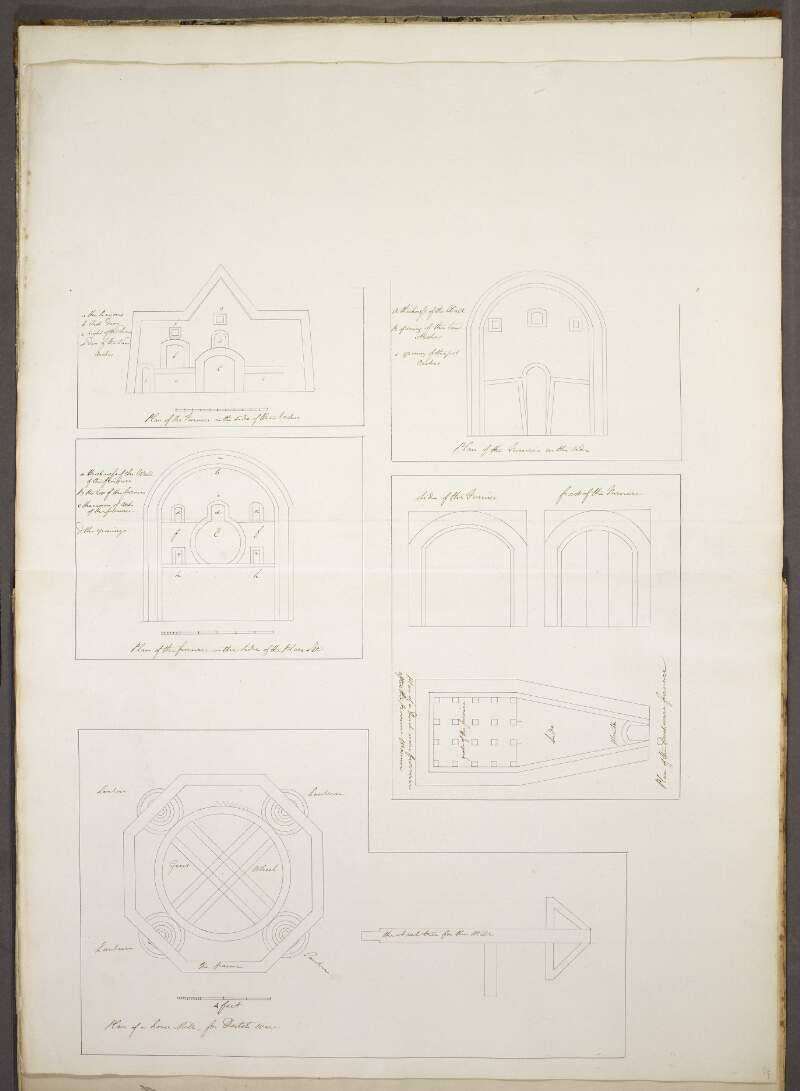 [Architectural drawings inscribed 'Plan of a horse mill for Dutch ware' and 'Plan of a Duch [Dutch] ware furnace after the Provence manner' and three other drawings of furnaces with comments]