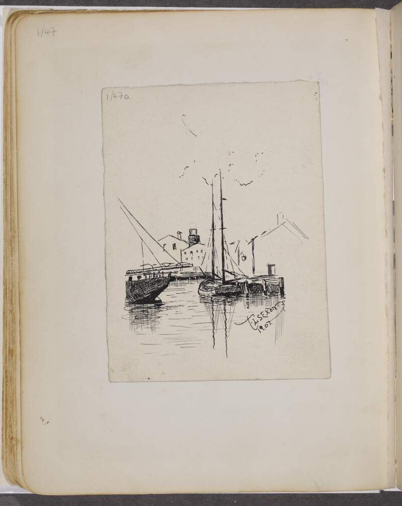 [Drawing of two boats in a harbour]