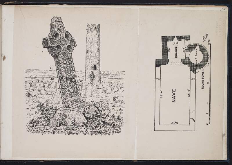 [View of a high cross and round tower at Clonmacnoise, County Offaly] ; [Plan of a church at Clonmacnoise]