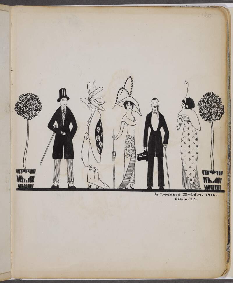 [Drawing of 5 people looking in various directions, with a potted plant on either side of the group]