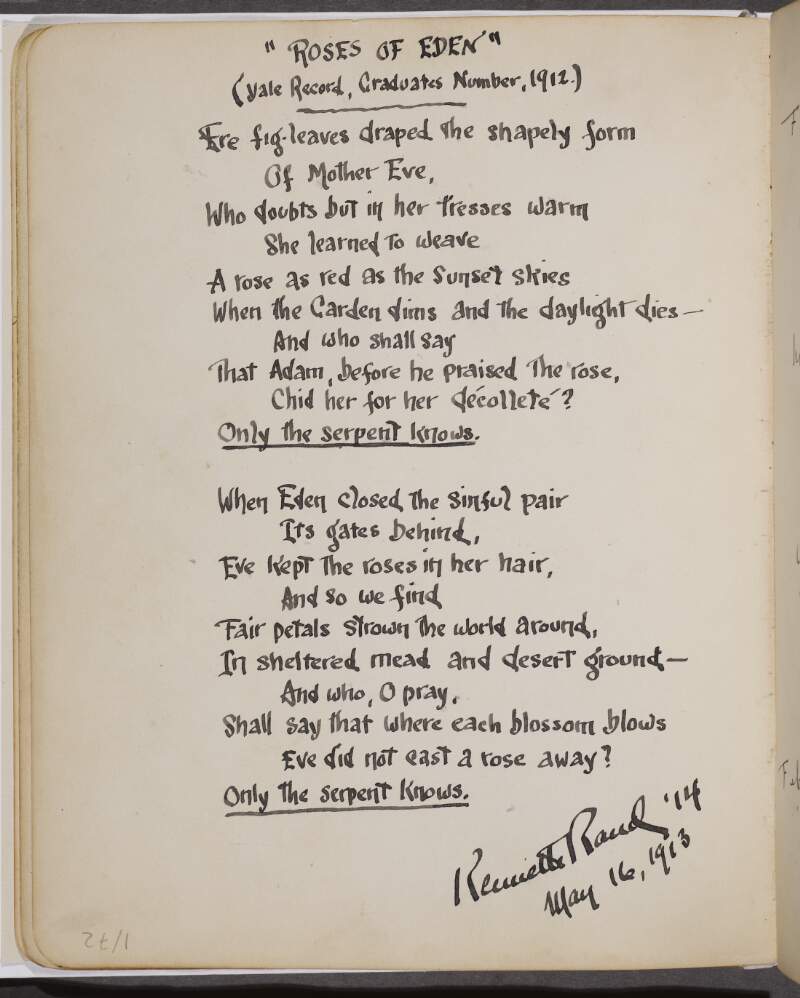Handwritten poem entitled "Roses of Eden",