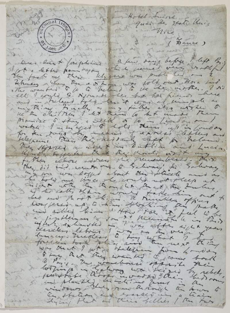 Letter from James Joyce, in Nice, to his aunt, Josephine Murray,