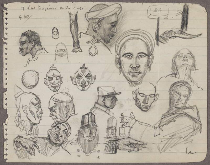 [Study sketches of clowns and African men]