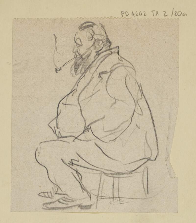 [Profile portrait of man sitting on stool, smoking]
