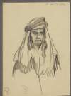 [Portrait sketch of man with handwritten Arabic notes]