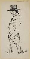 [Full profile sketch of man wearing hat, with hand in pocket, looking to the left]