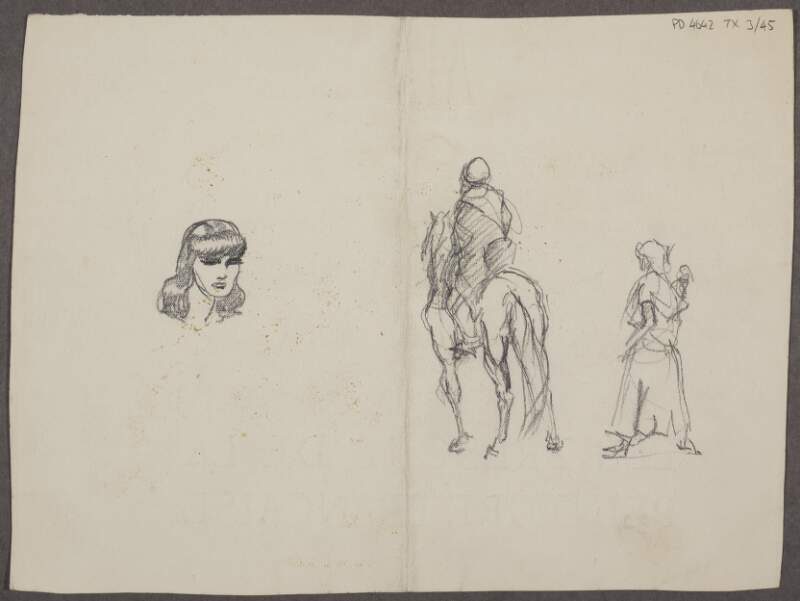[Portrait sketch of a woman, and 2 figures in robes, one on a camel]